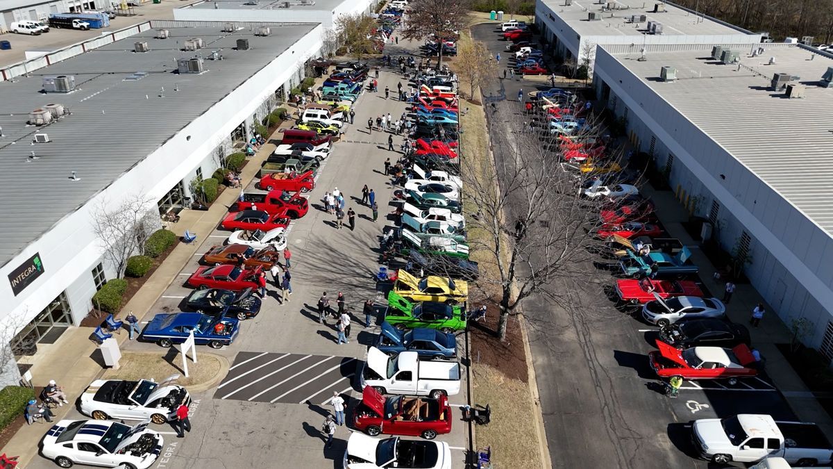 Aerial view of rows of classic cars at the Dream Wheels Car Show